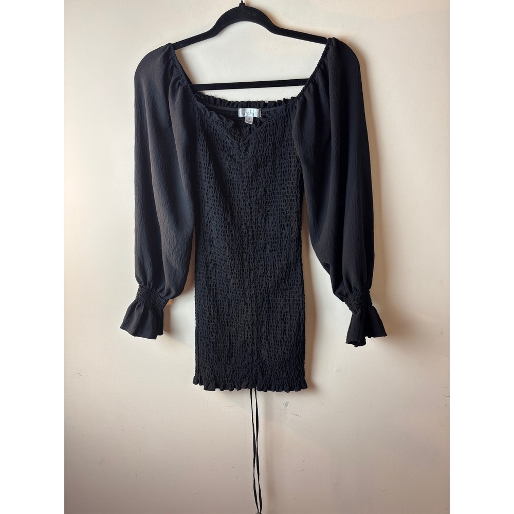 Womens S Justify Bodycon Mini Dress Black Smocked‎ Square Neck Balloon Sleeve